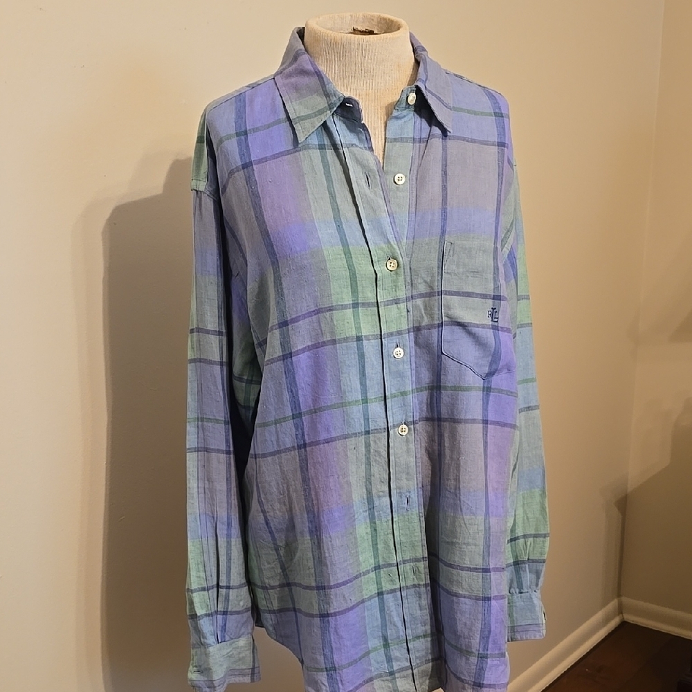 Ralph Lauren 100% Linen Plaid Shirt In A Beautiful Colorway Of Lavender & Blue